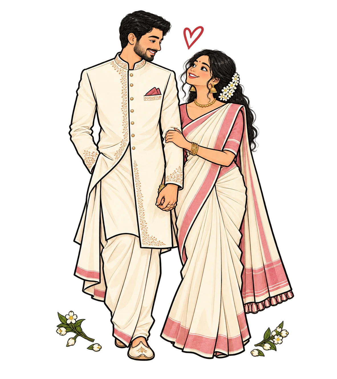 Hand-drawn newlywed couple standing together in ivory and dusty rose