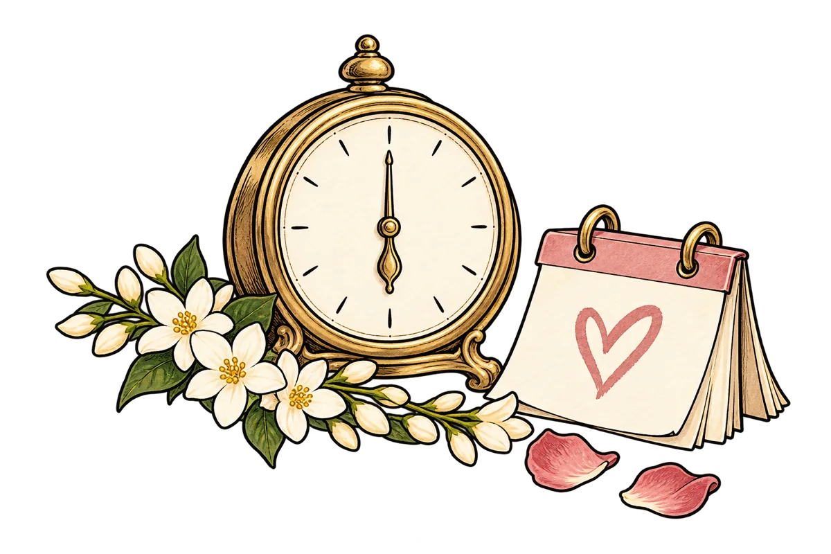 Hand-drawn six o’clock timepiece, calendar and jasmine flowers