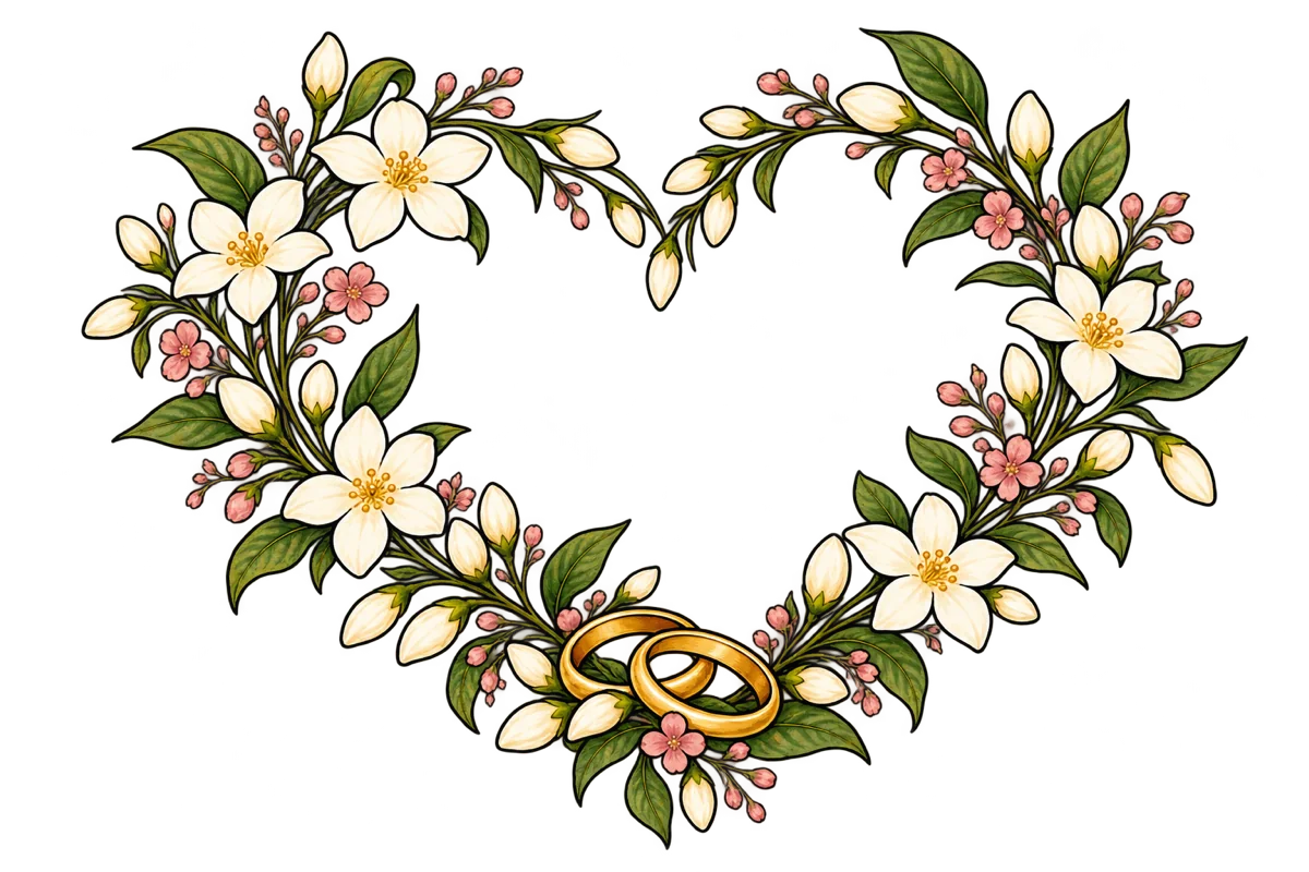 Hand-drawn jasmine heart with dusty-rose flowers and wedding rings