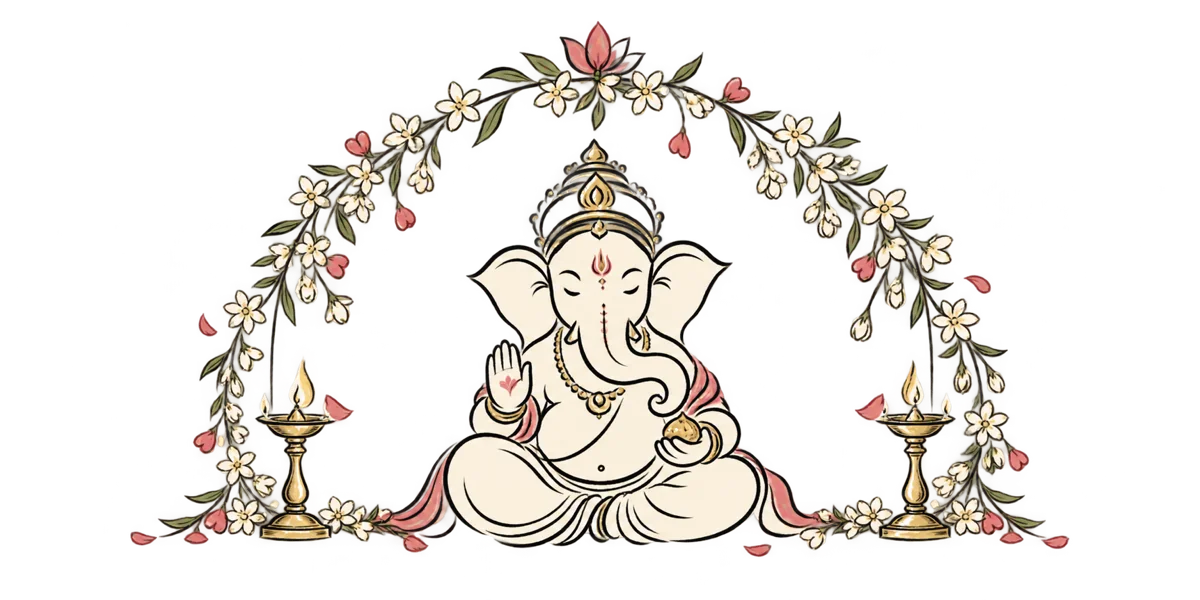 Hand-drawn Lord Ganesha beneath a jasmine floral arch with ceremonial lamps