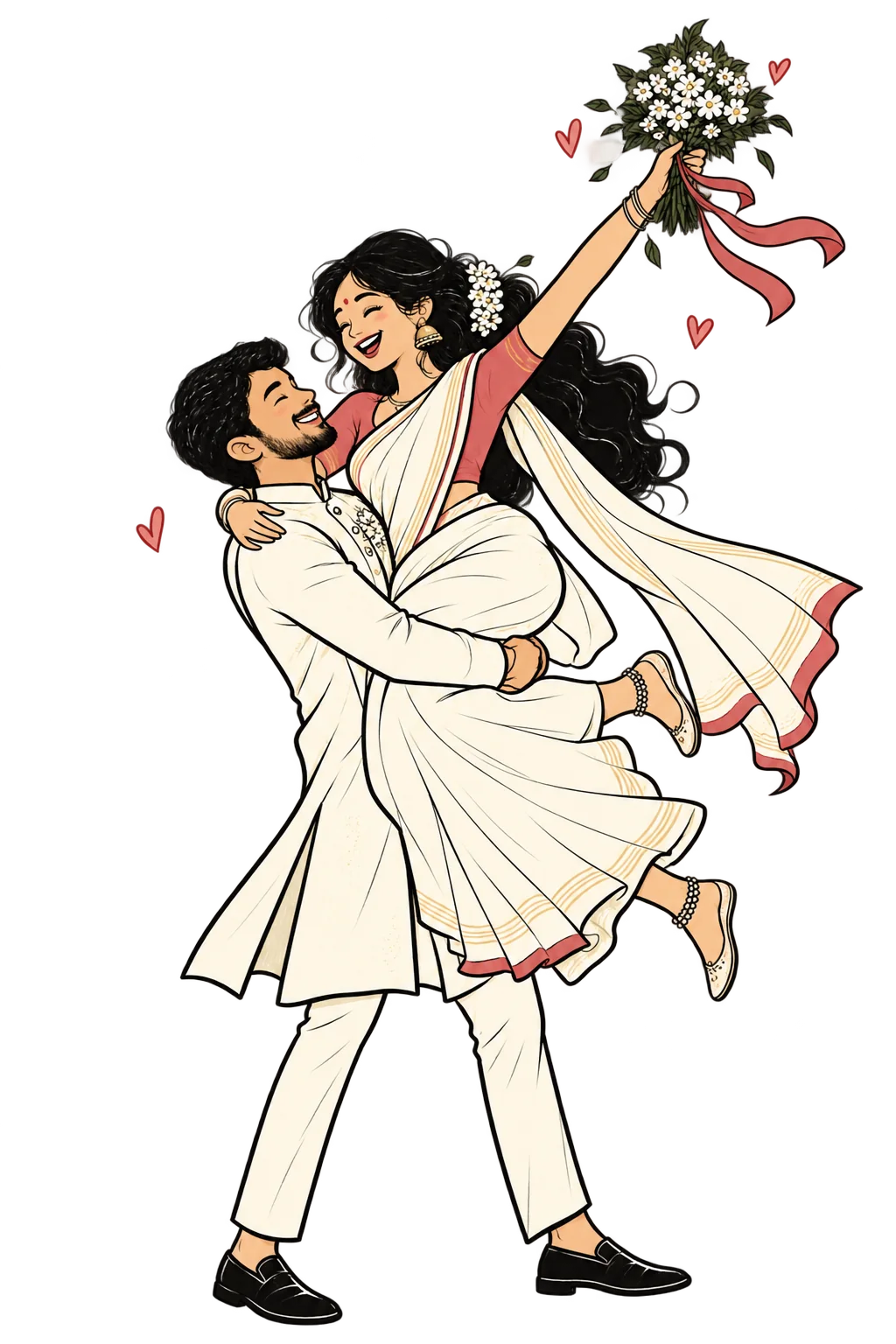 A playful hand-drawn newlywed couple celebrating together