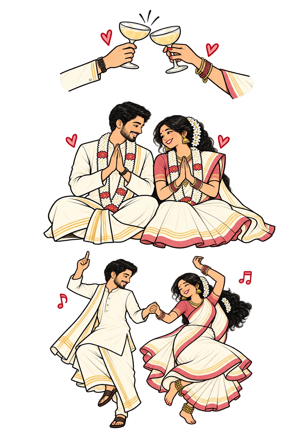 Three hand-drawn reception moments: a toast, greeting guests and dancing