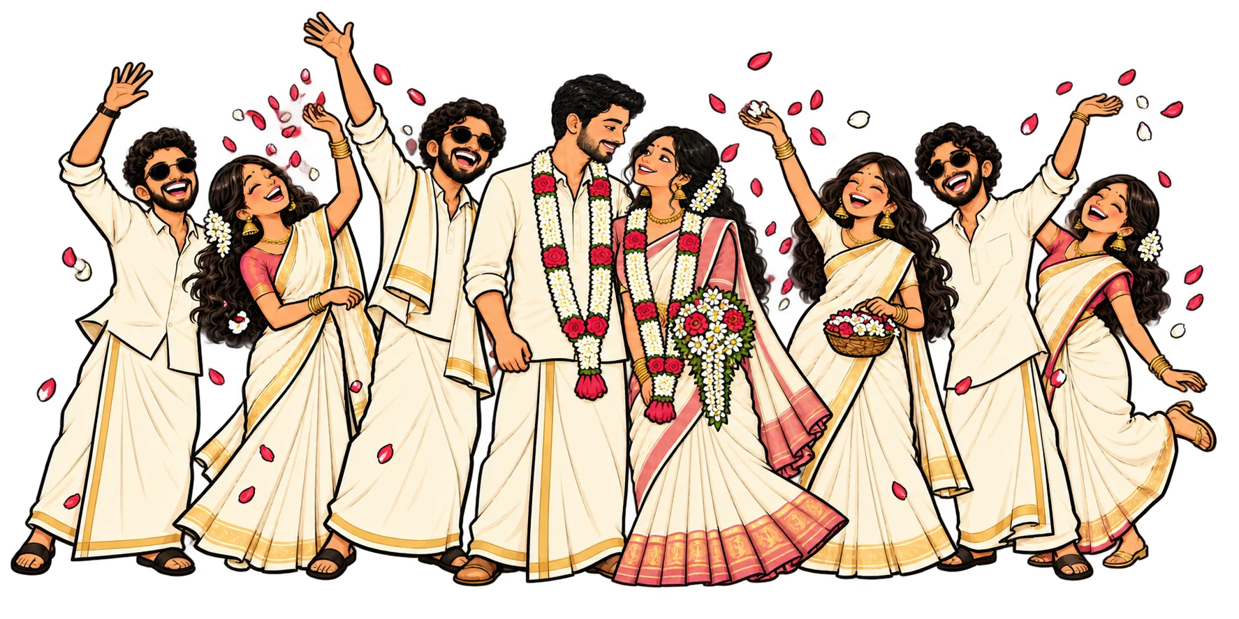 A hand-drawn group celebrating with the newlyweds