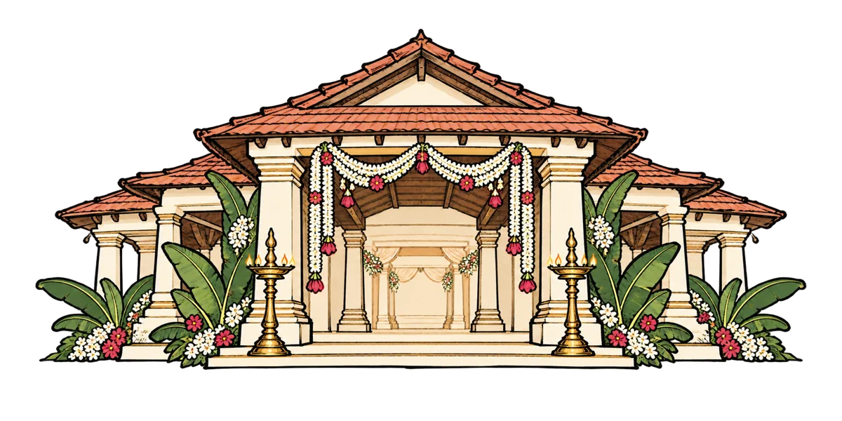 Hand-drawn Kerala reception hall decorated with lamps and flowers